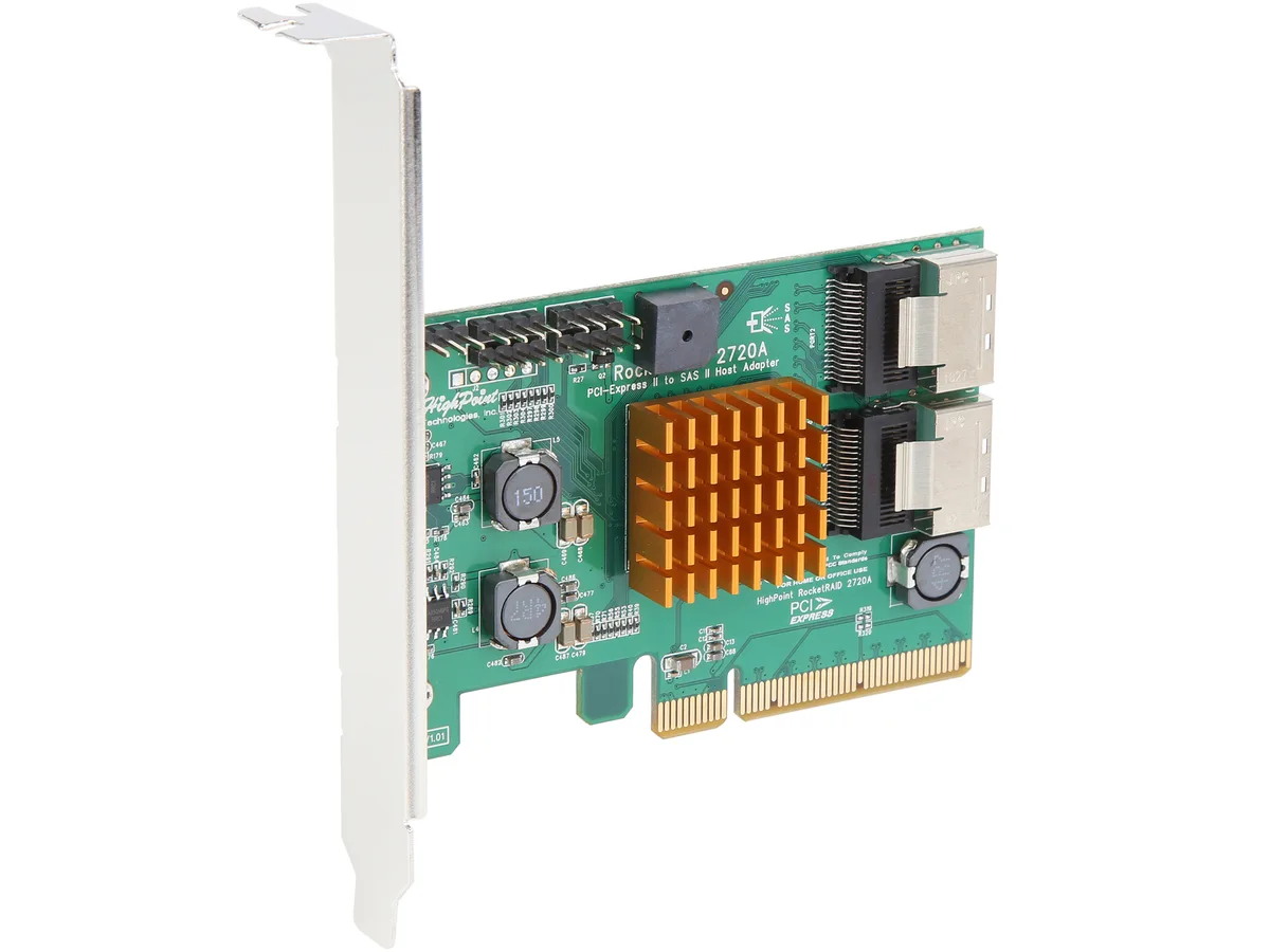 Green low-profile PCIe RAID card with two SFF-8087 ports