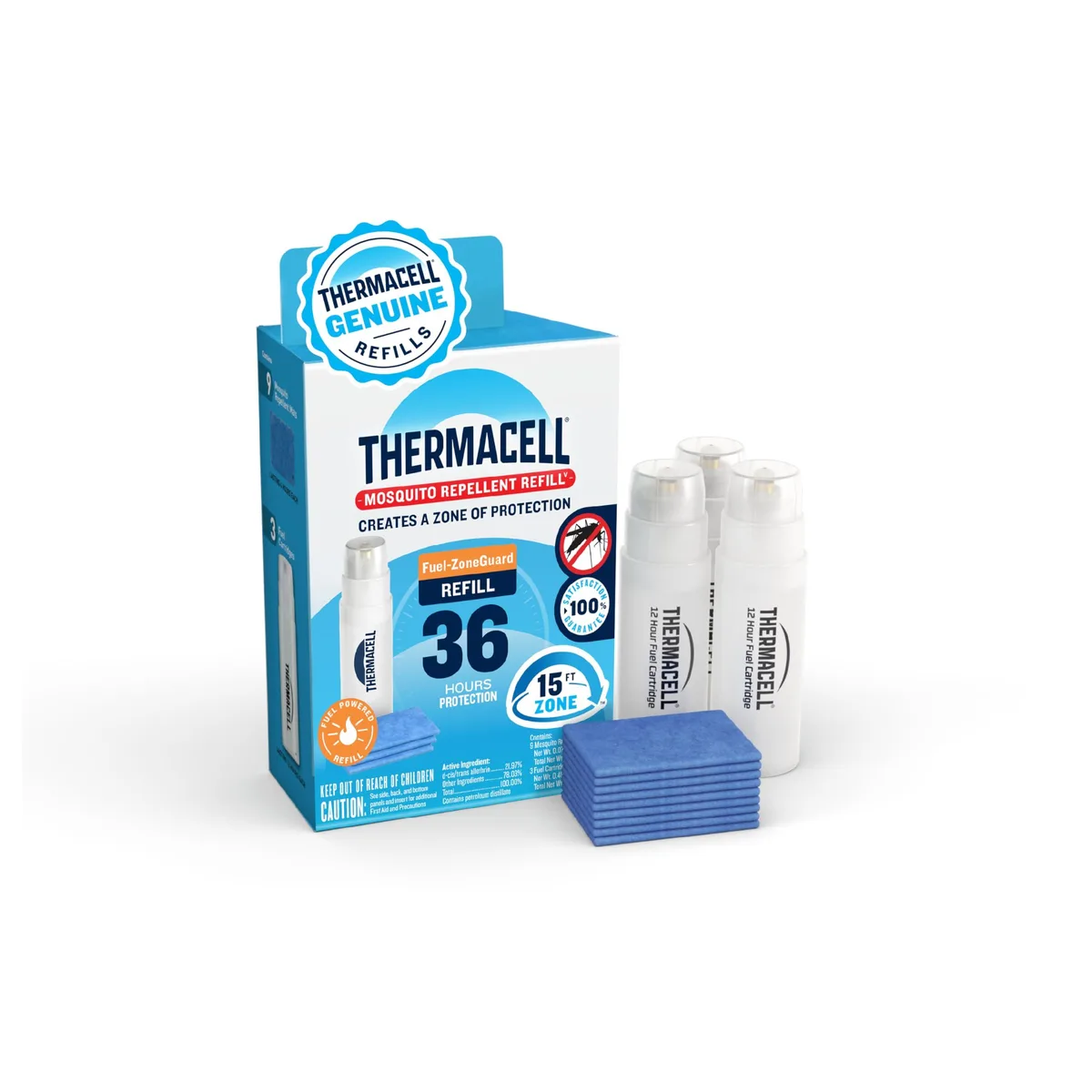 Cardboard box containing nine repellent mats and three butane fuel cartridges