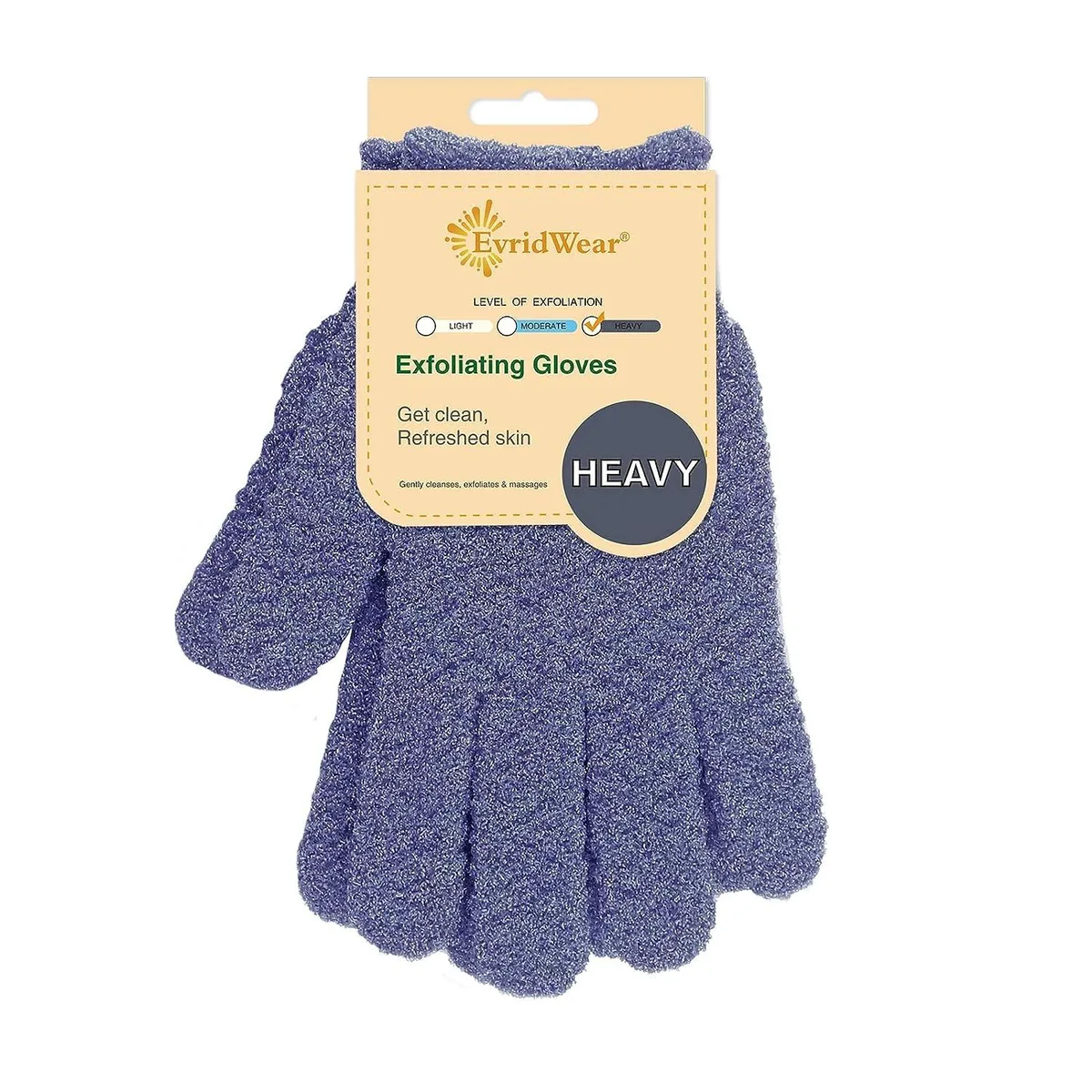 Pair of blue exfoliating bath gloves with hanging loops
