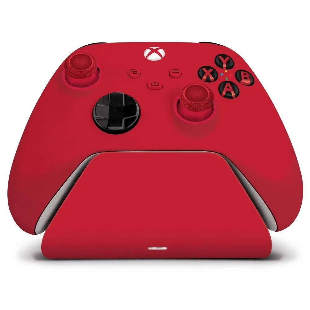 Red charging stand with magnetic battery pack and interchangeable covers for Xbox controllers