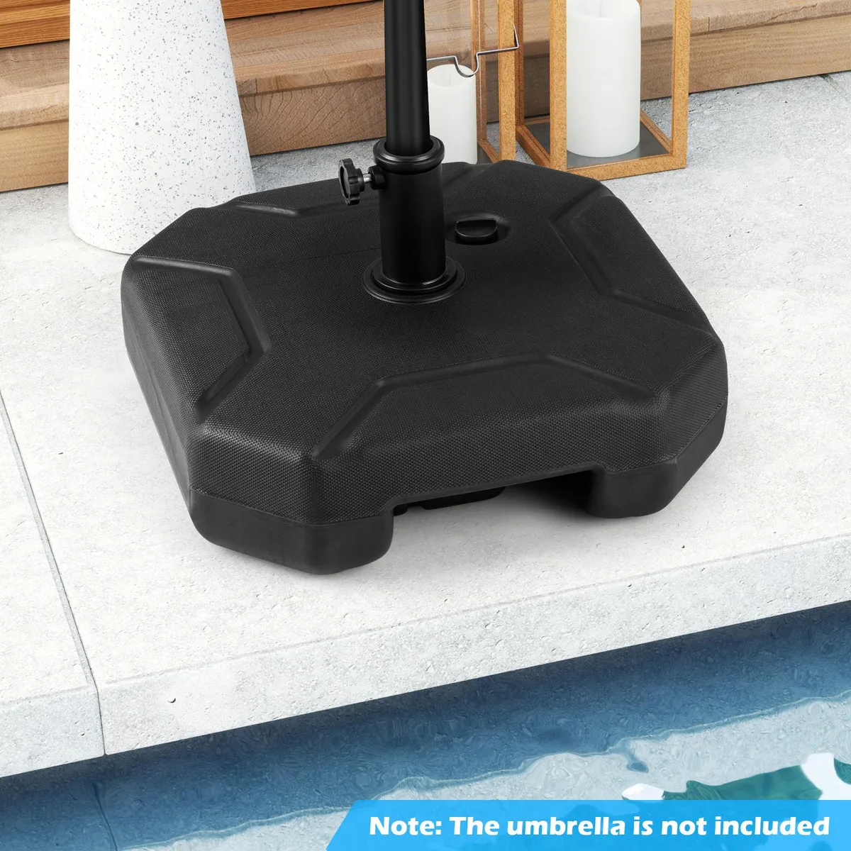Black square patio umbrella base with carry handle and tightening knobs