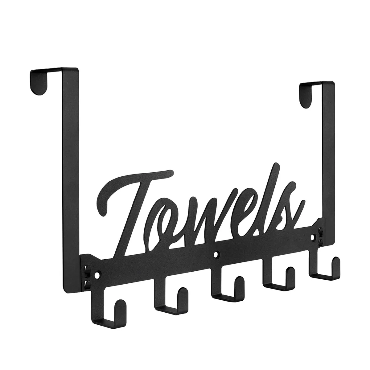 Black over-the-door hook rack with five hooks, matte finish