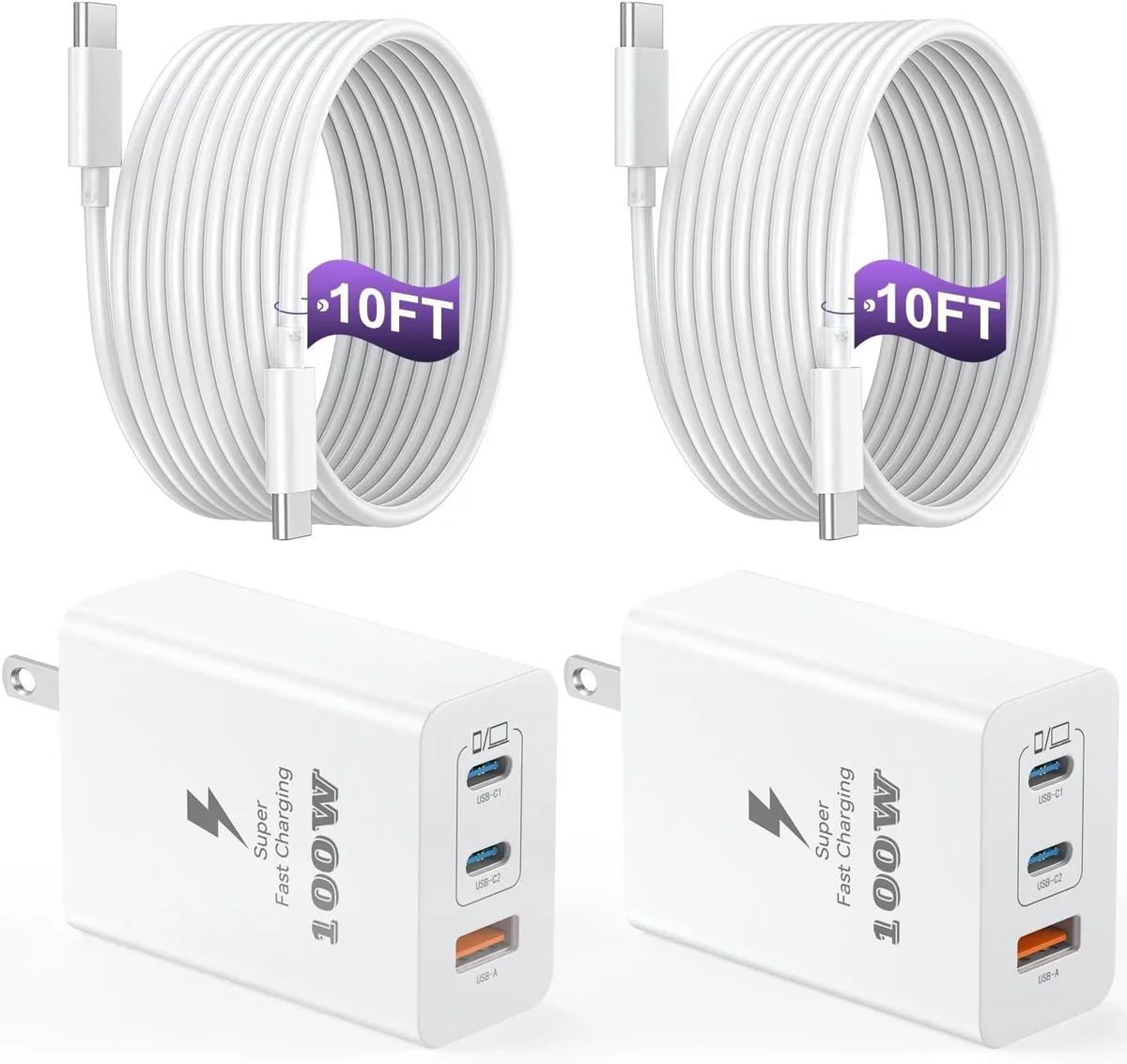 Elestur Elestur 100W 3-Port GaN Charger 2-Pack with 10ft Cable — product photo