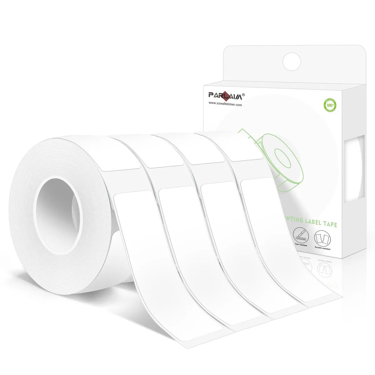 Four rolls of white rectangular thermal label stickers on white backing paper