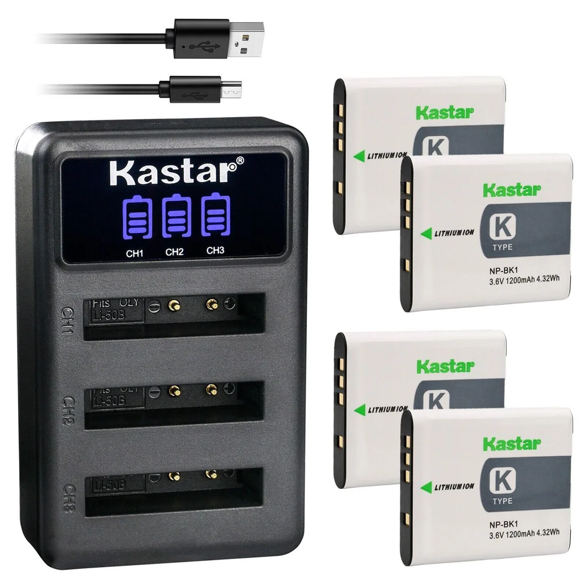 Kastar Kastar NP-BK1 4-pack batteries + LCD triple USB charger — product photo