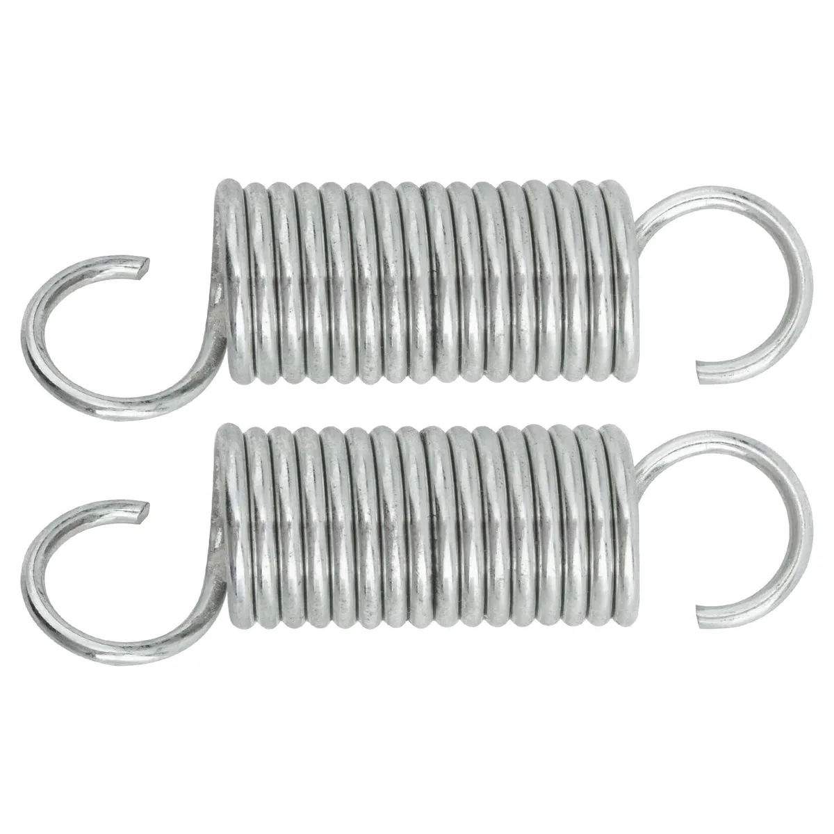 Two black cast-iron tension springs, rectangular, 27/8 inch length