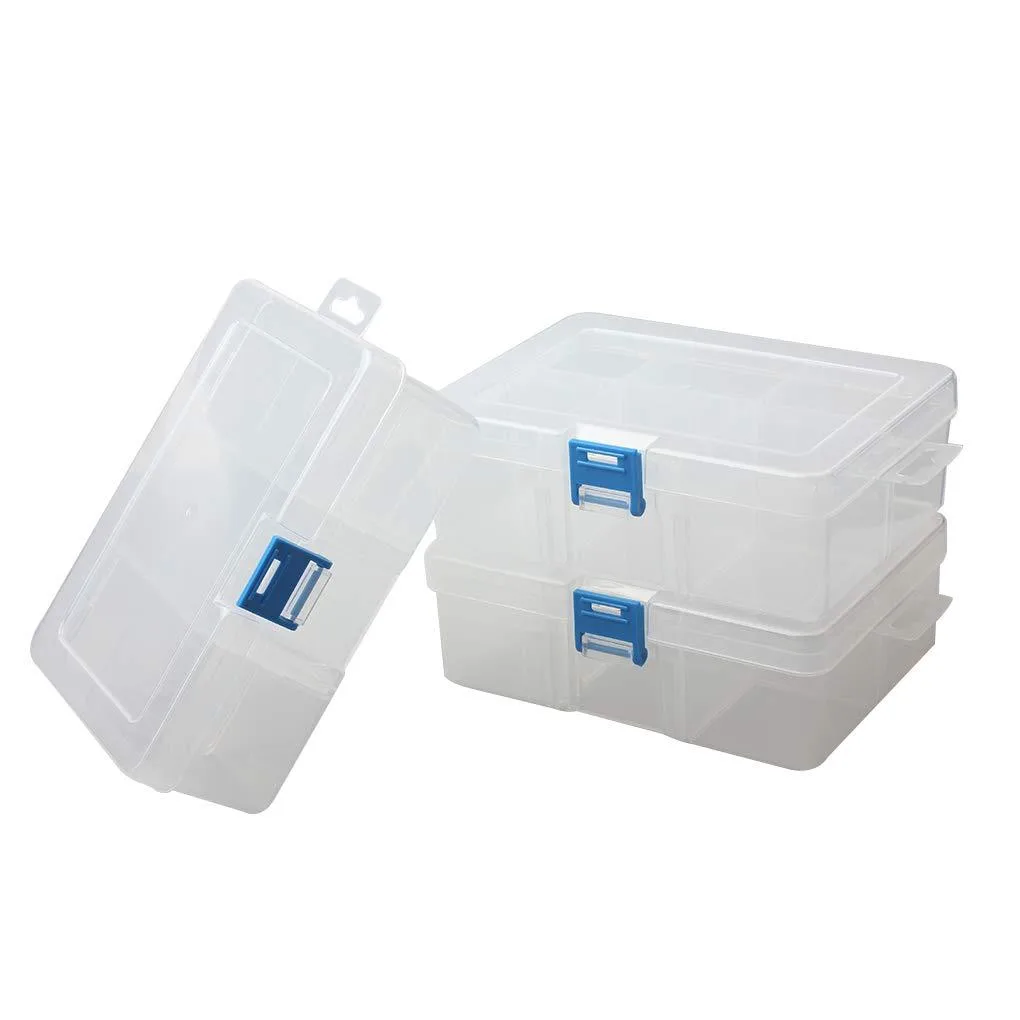 Three clear rectangular plastic boxes with lift-off lids and six adjustable compartments each