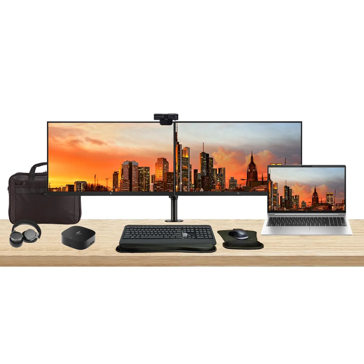 HP HP ProBook 455 G10 15.6" Ryzen 7 16GB 512GB bundle dual 24" monitors dock MK540 webcam headphones bag — product photo