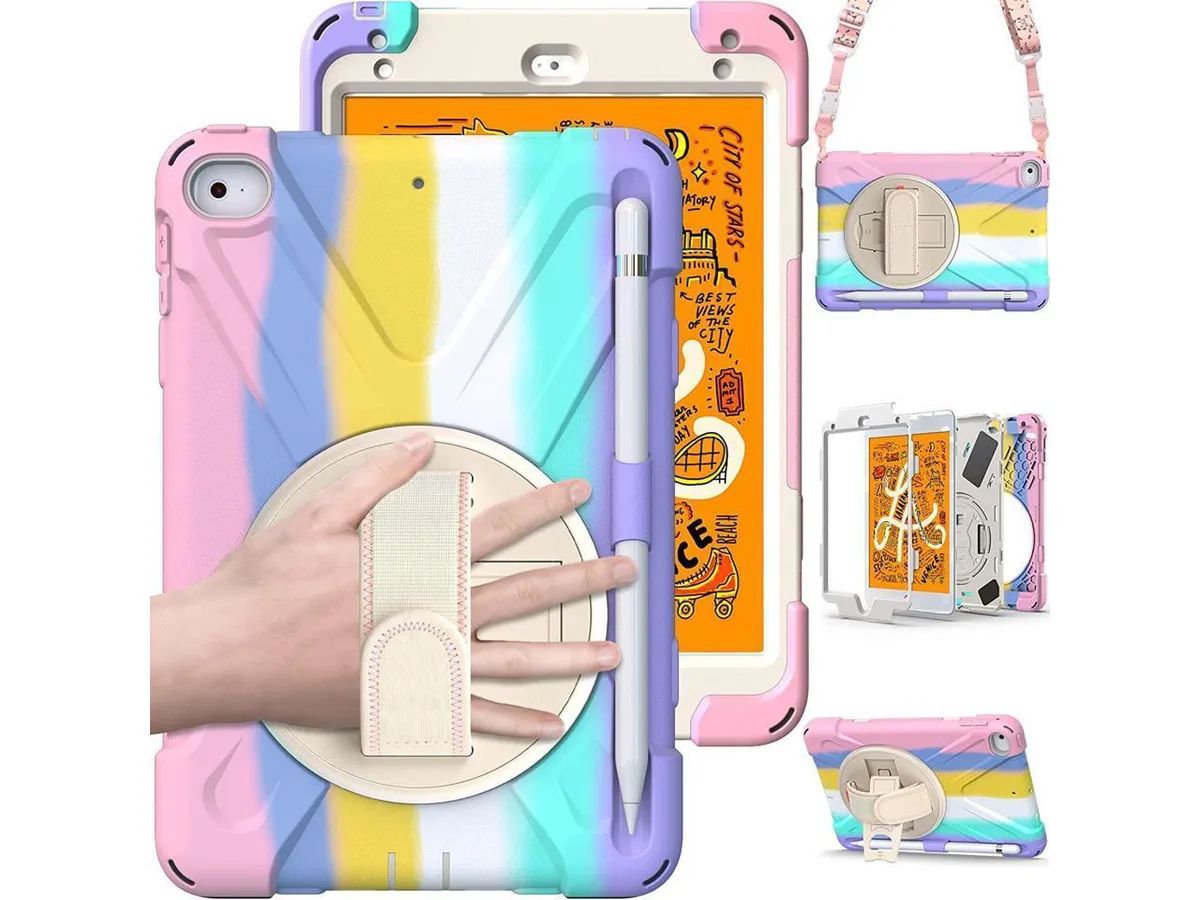 Pink and white protective case for 7.9 inch iPad Mini with kickstand and straps