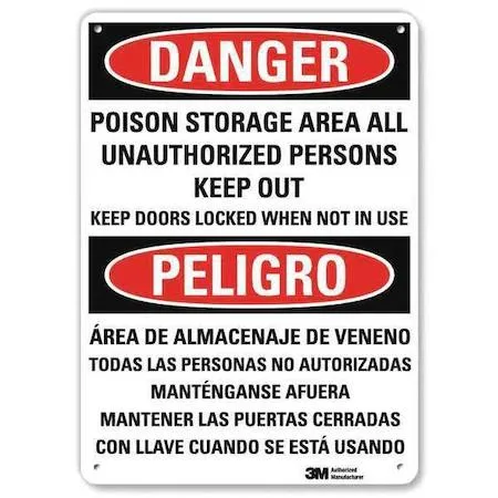 Aluminum bilingual danger sign, 10 by 14 inches, vertical rectangle, white background with text