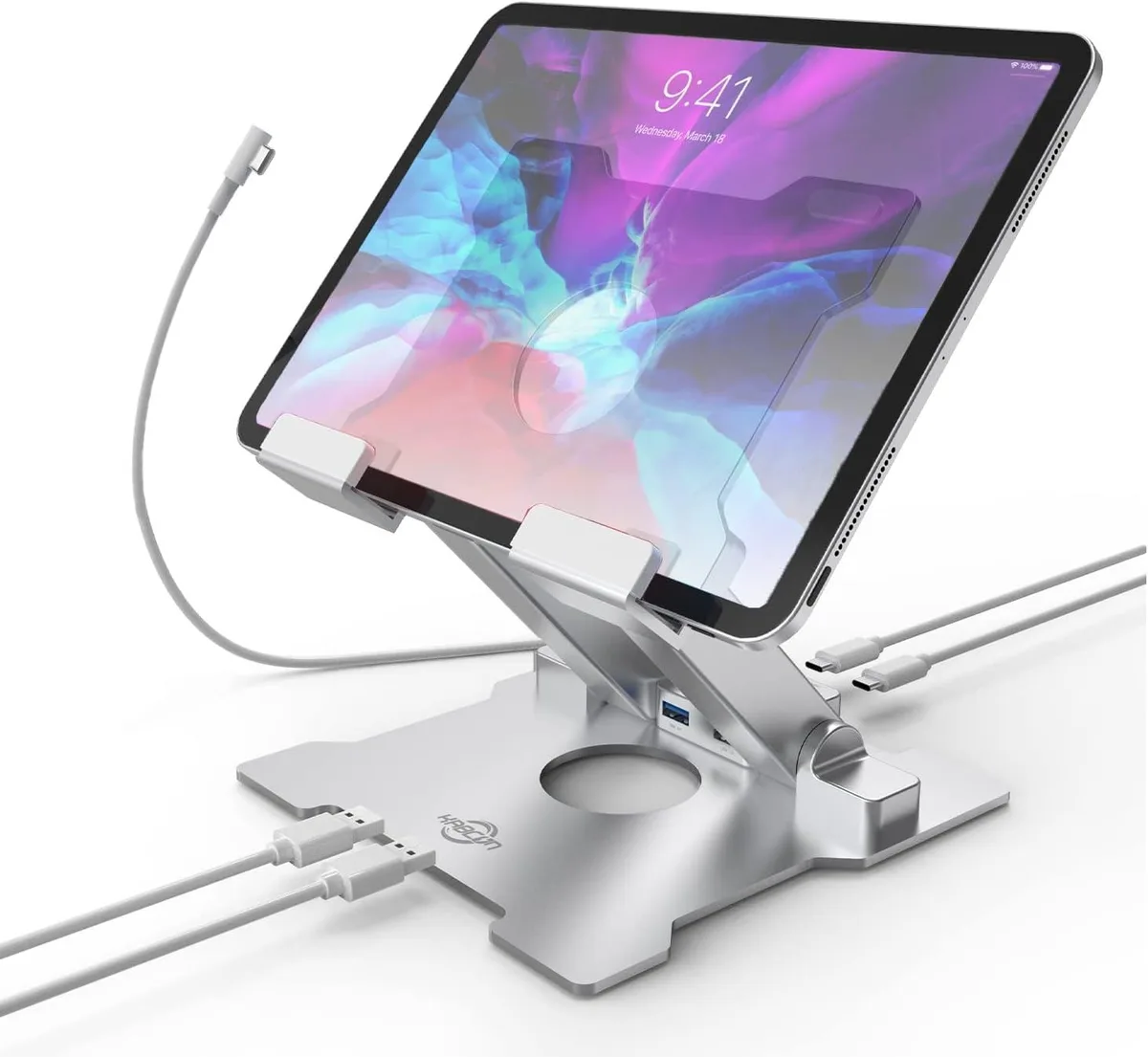 Adjustable aluminium iPad stand with integrated USB and USB-C hub, silver finish