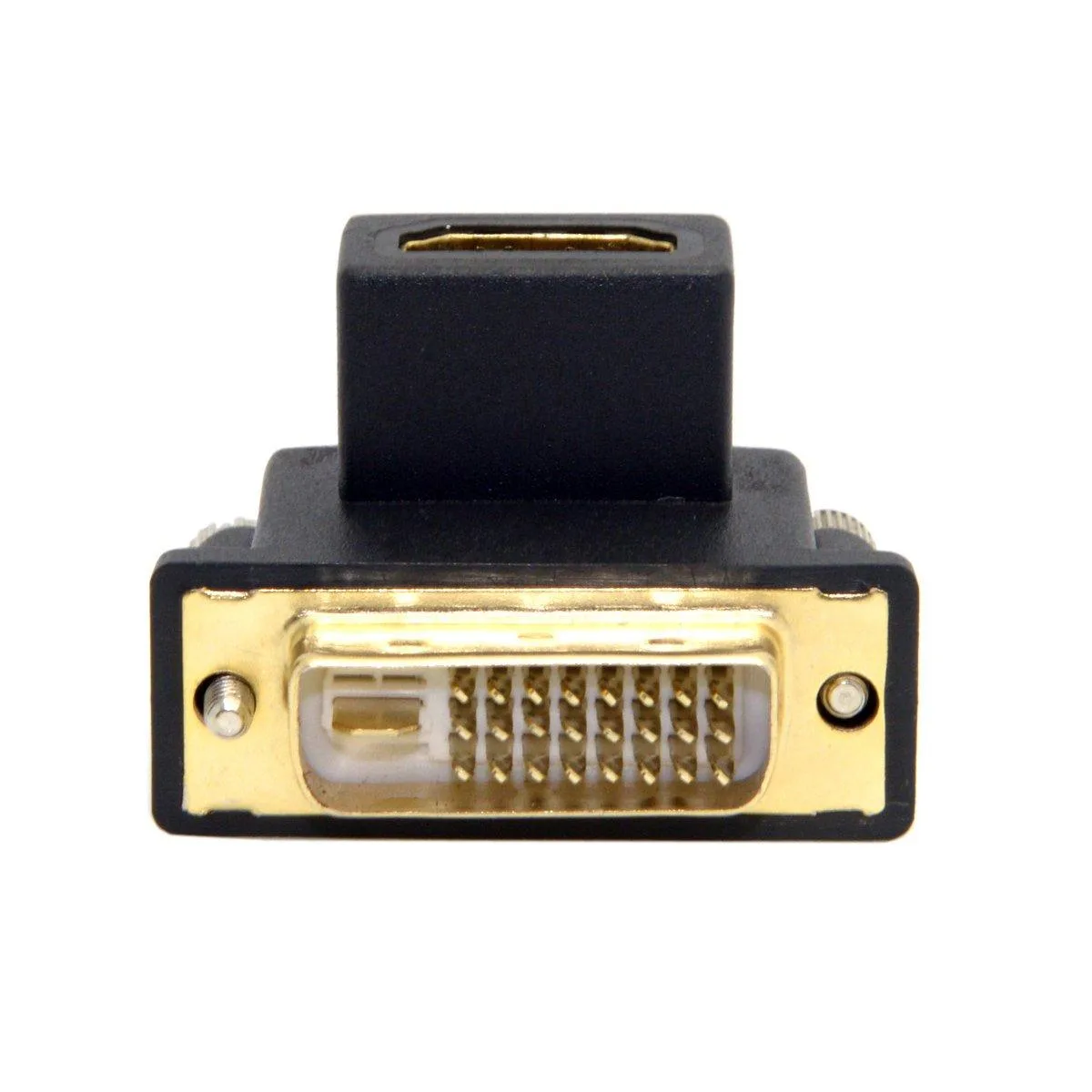 Small rectangular adapter with gold DVI male and HDMI female ports joined at a 90 degree upward angle