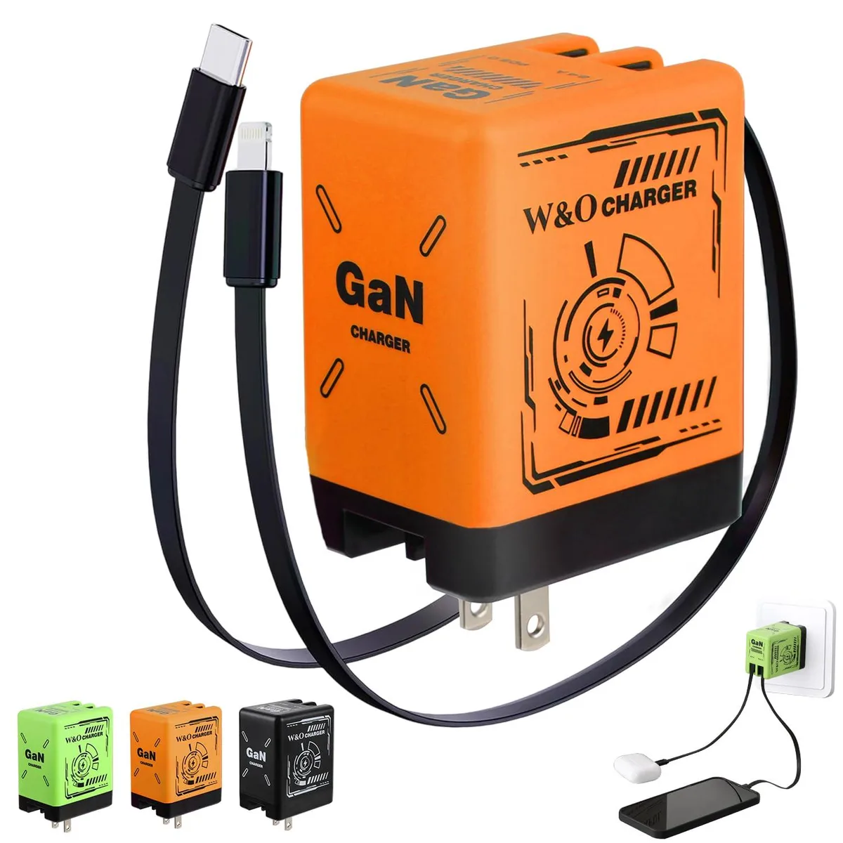 Compact white GaN wall charger with foldable prongs and two retractable cables Lightning and USB-C extending 80cm