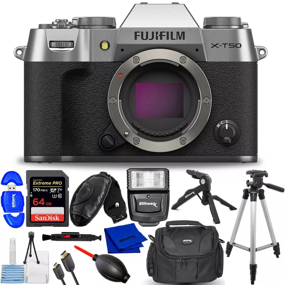 FUJIFILM FUJIFILM X-T50 Silver 12PC Accessory Bundle compact mirrorless camera — product photo