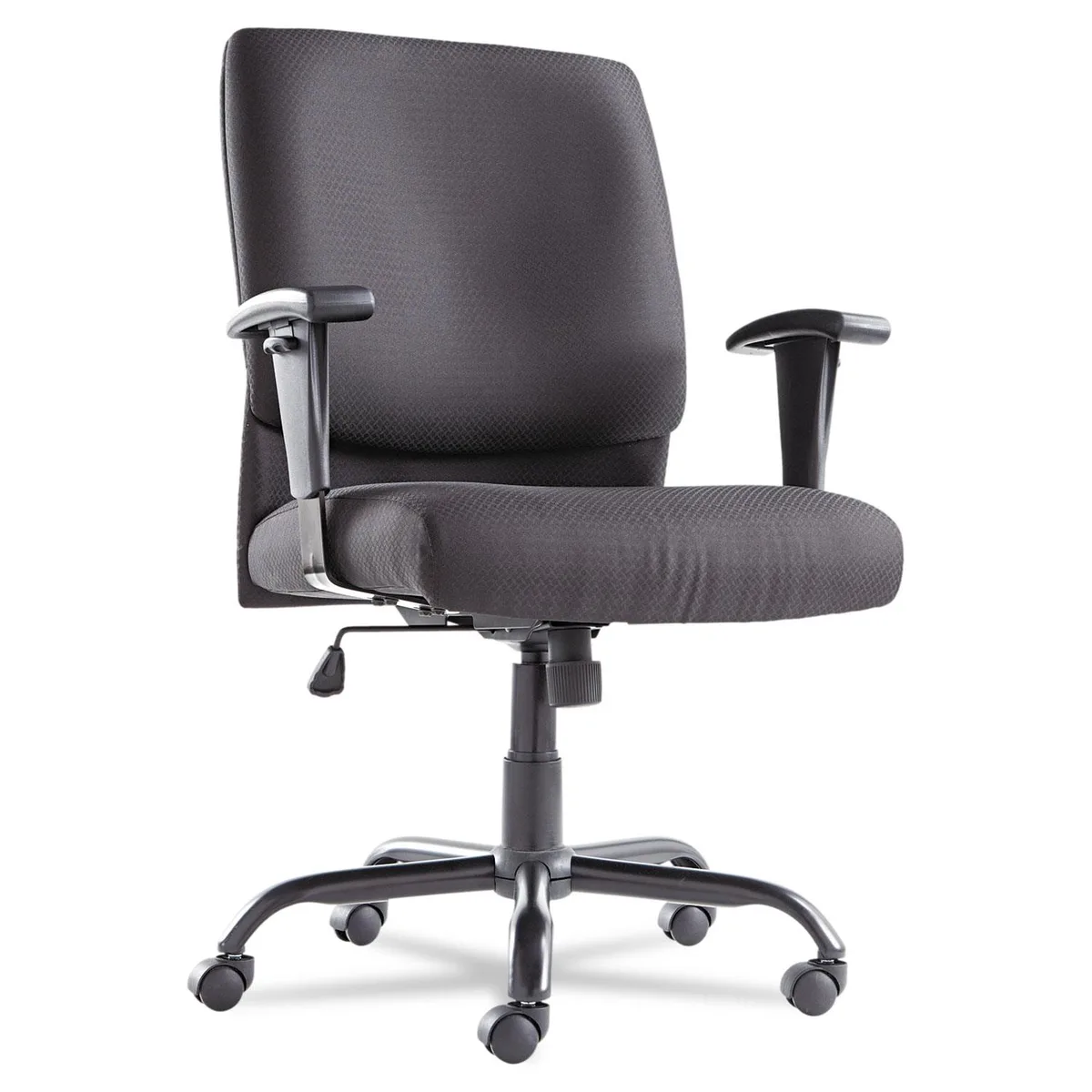 Black mid-back office chair with thick cushions, adjustable T-bar arms and five-star base