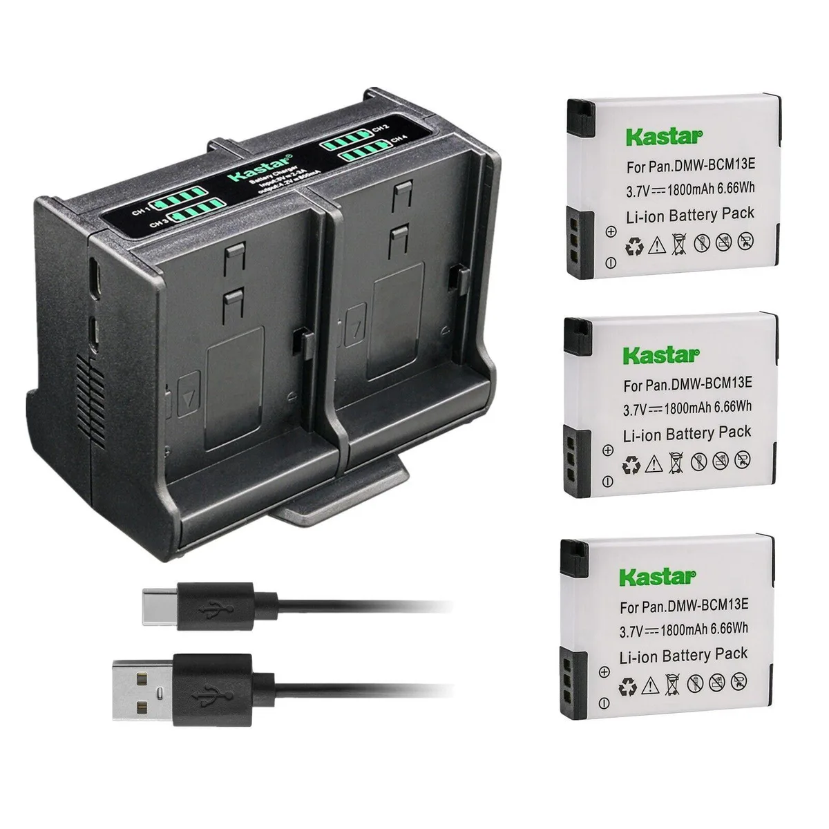 Kastar Kastar DMW-BCM13 3-pack battery &amp; quadruple charger — product photo