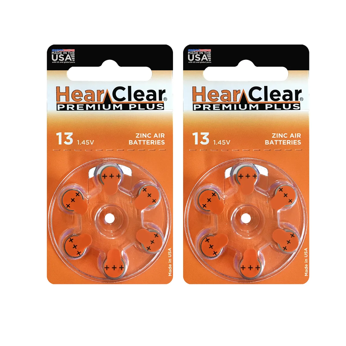 Two dial packs of six orange-tab size 13 hearing aid batteries