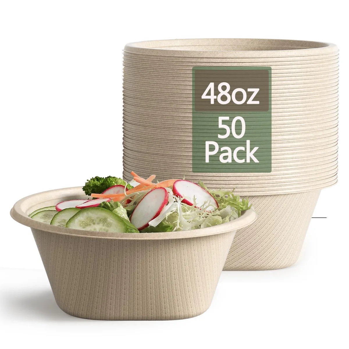 Stack of round brown and red disposable bowls 48 oz 50 pack