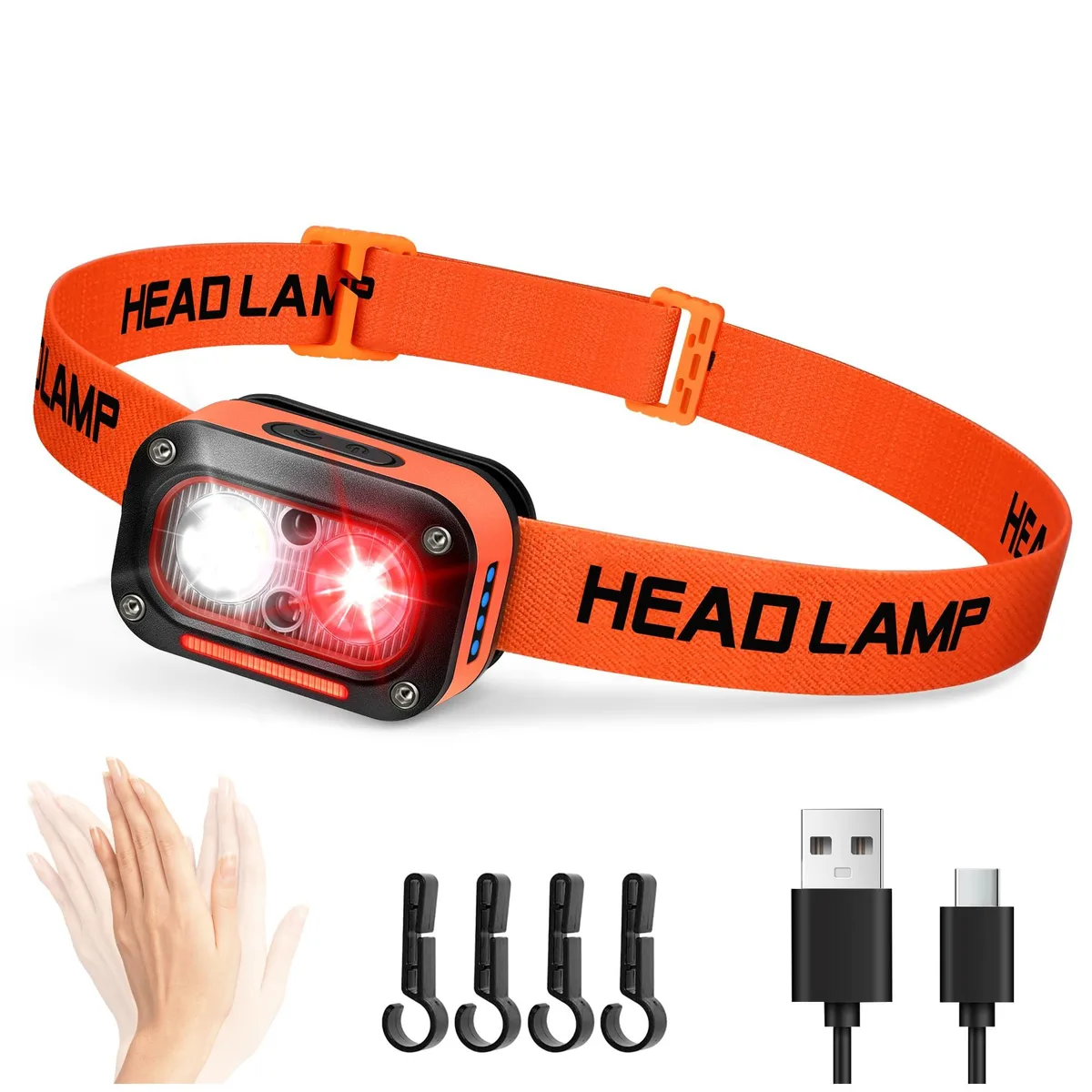 Black Kaito Mini LED headlamp F01-WR-1, lightweight 57g adjustable strap with USB-C charging port and dual white-red light modules