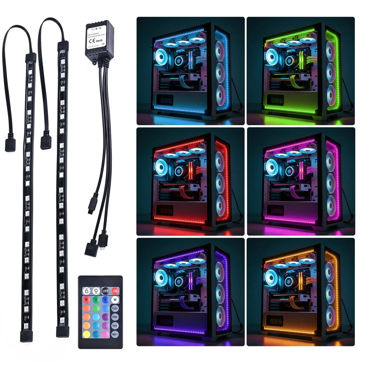 Rectangular 50 cm RGB LED strip with 18 LEDs, black magnets, SATA power cable and 24-key remote