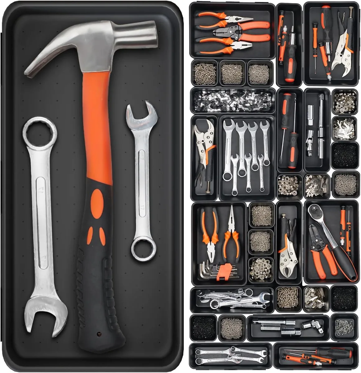 Black plastic tool organizer set, 46 trays in five sizes up to 12 inches, interlocking design for drawers