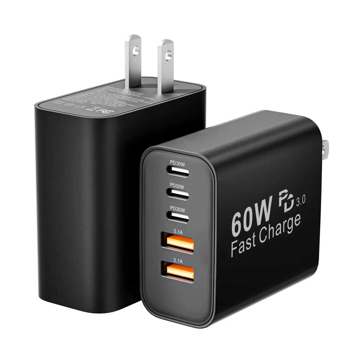  ansxv XHD-PD60W3C2A 2-pack 60W 5-port USB-C charger black — product photo