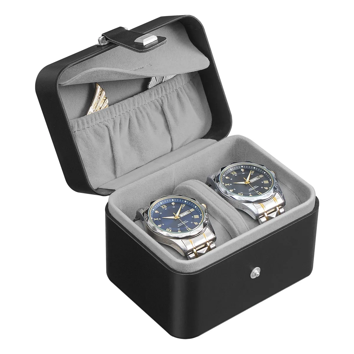  SONGMICS 2-Slot Watch Travel Case, Ink Black/Dove Gray, 10.1 x 12 x 8.5 cm — product photo