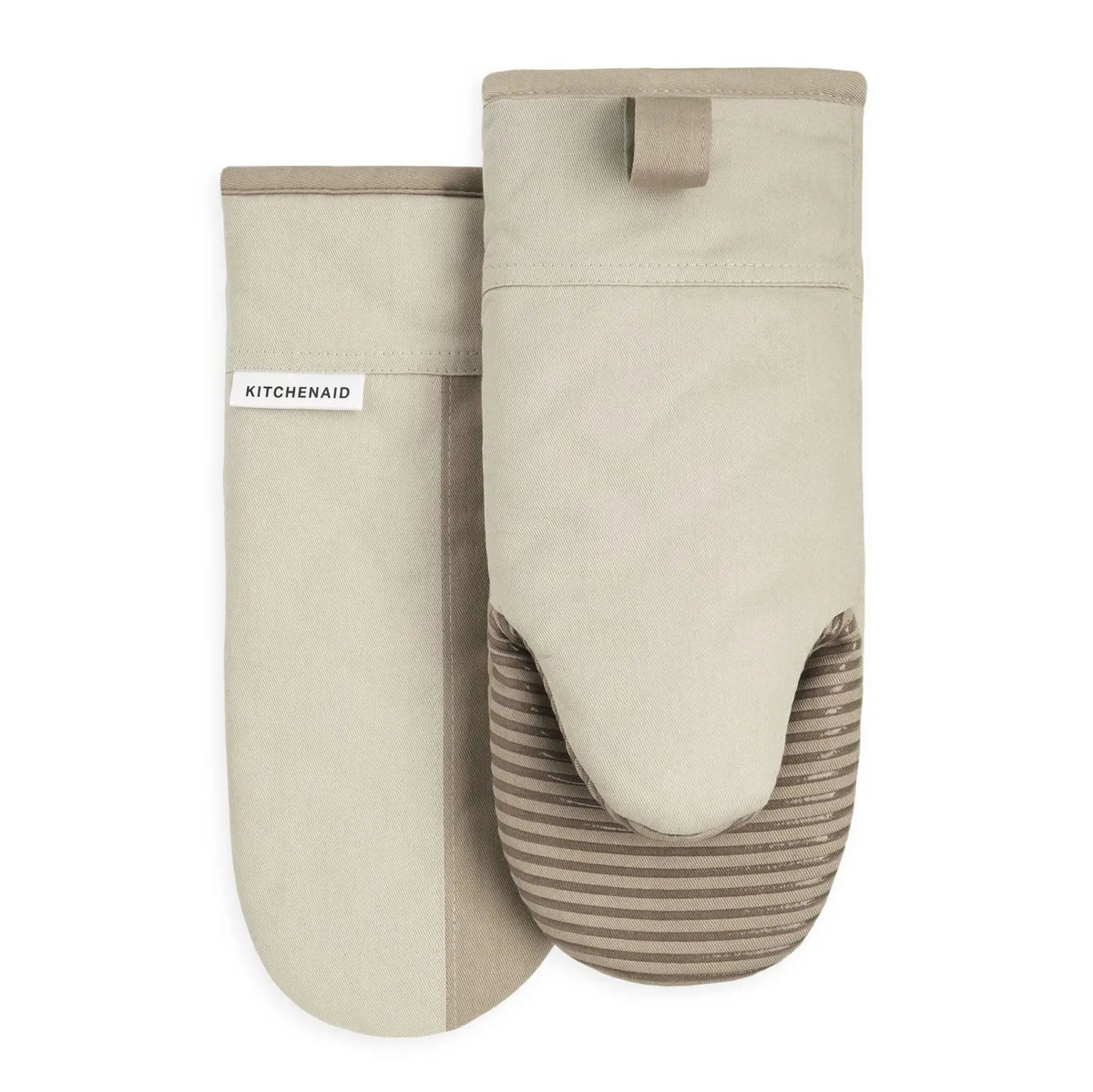 Two beige and tan mini oven mitts with silicone grip and hanging loops