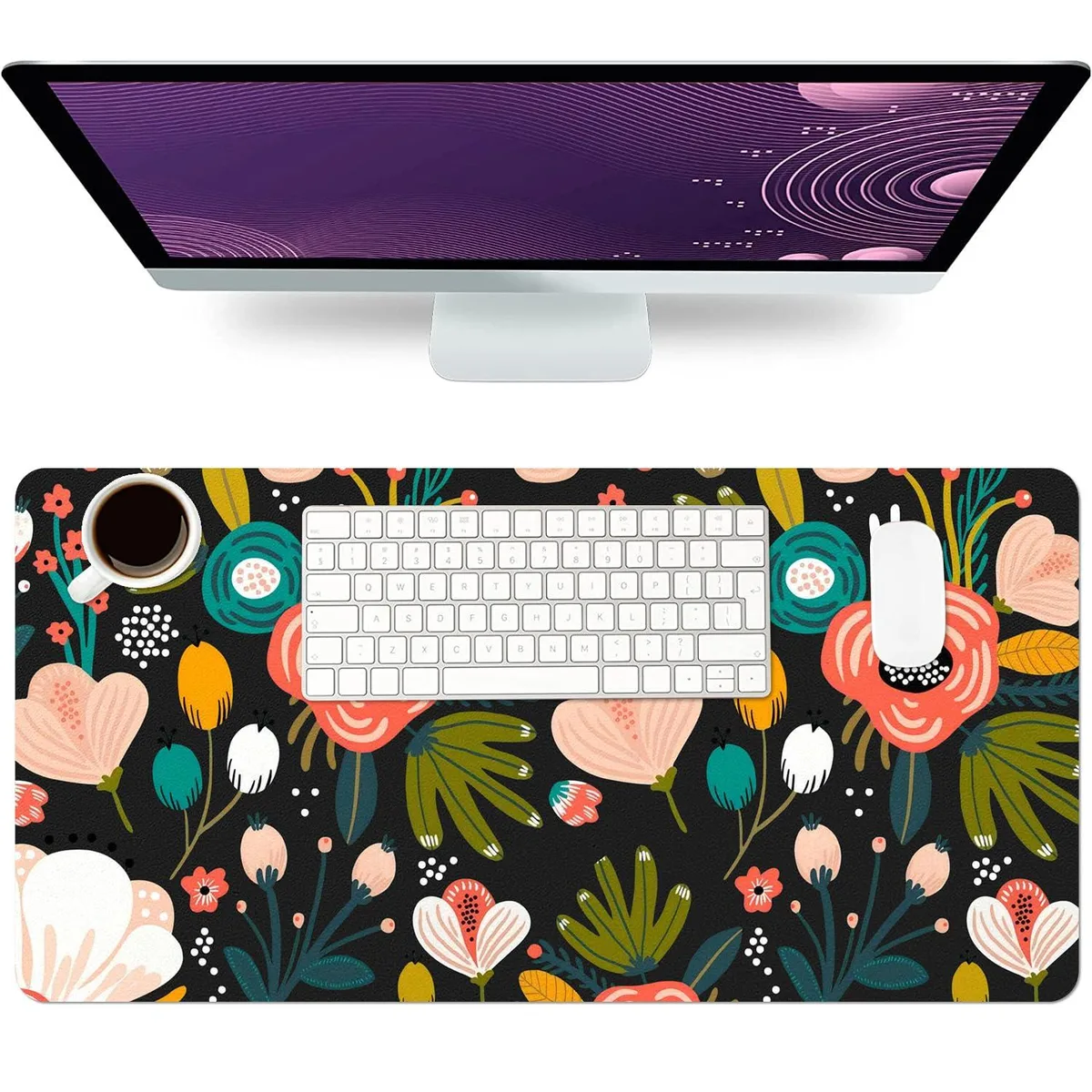  Keychron Desk Mat 27.5x13.8 Inch Black Floral PU Leather — product photo