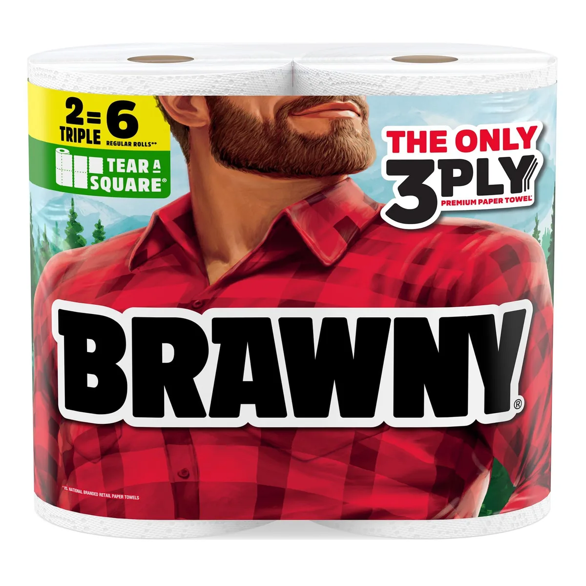 Two white triple-roll paper towel packs, 3-ply perforated sheets
