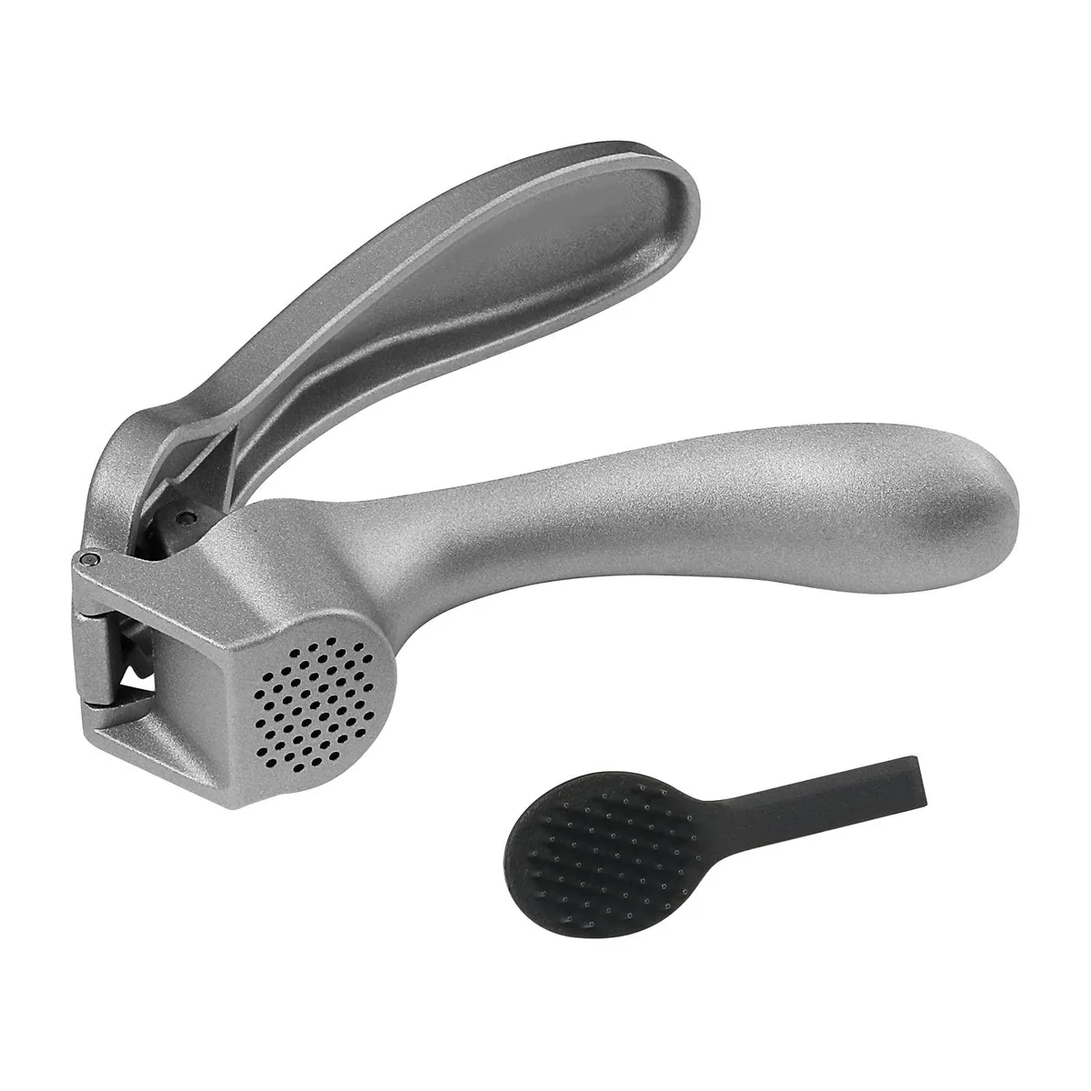 Aluminium garlic press with ergonomic handles and cleaning brush