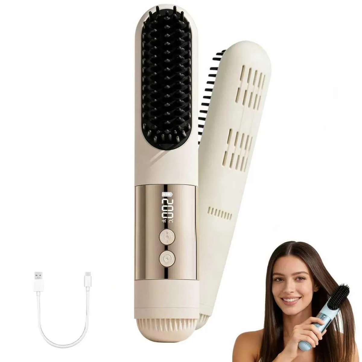 Compact cordless straightening brush with LCD display and cooling vents