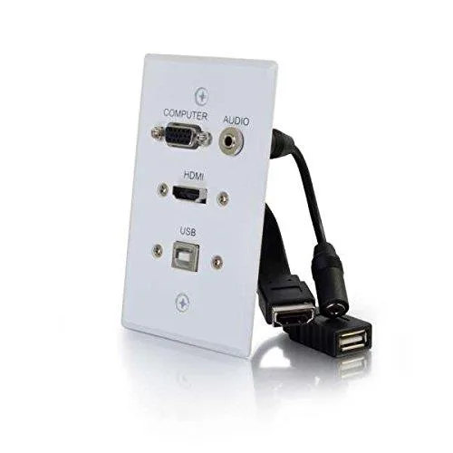 White single-gang wall plate with HDMI, VGA, 3.5mm audio and USB pass-through ports