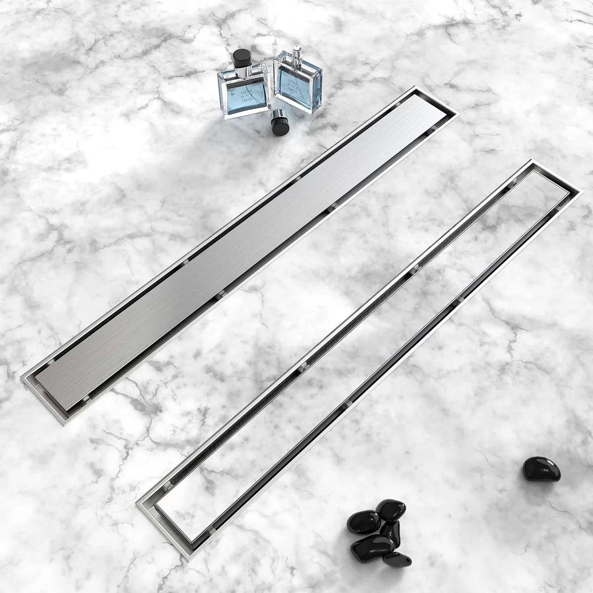 Twelve brushed-nickel linear shower drains 24 inches long with tile-insert grates and adjustable feet