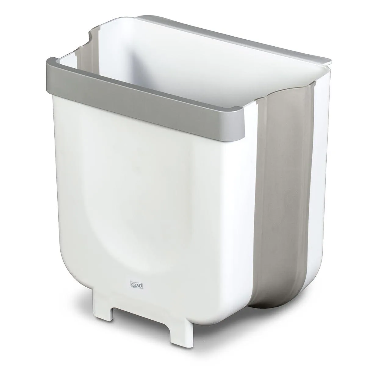 White collapsible plastic waste bin folded flat with expandable sides and bag clips visible