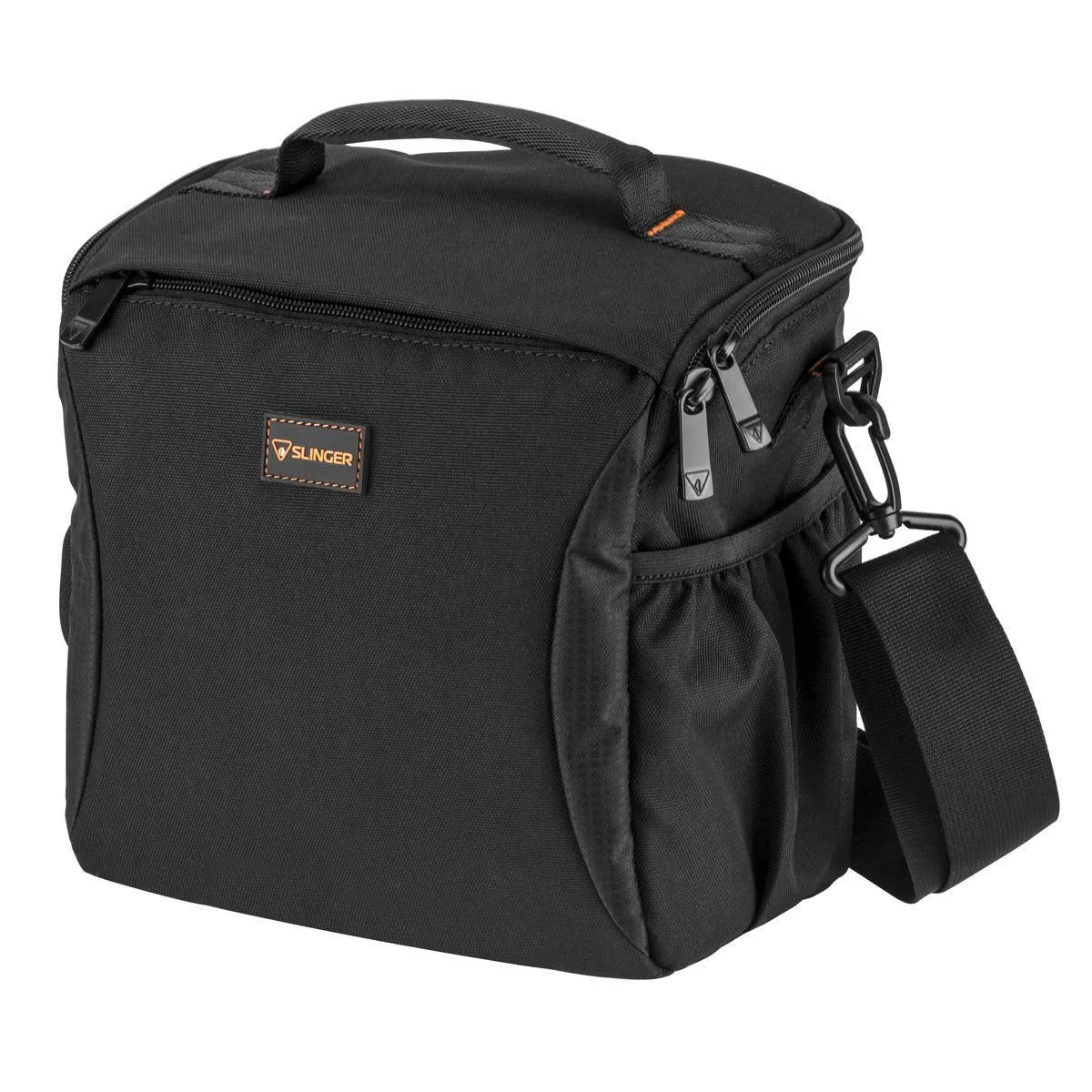 Black and tangerine shoulder bag with grab handle and adjustable strap