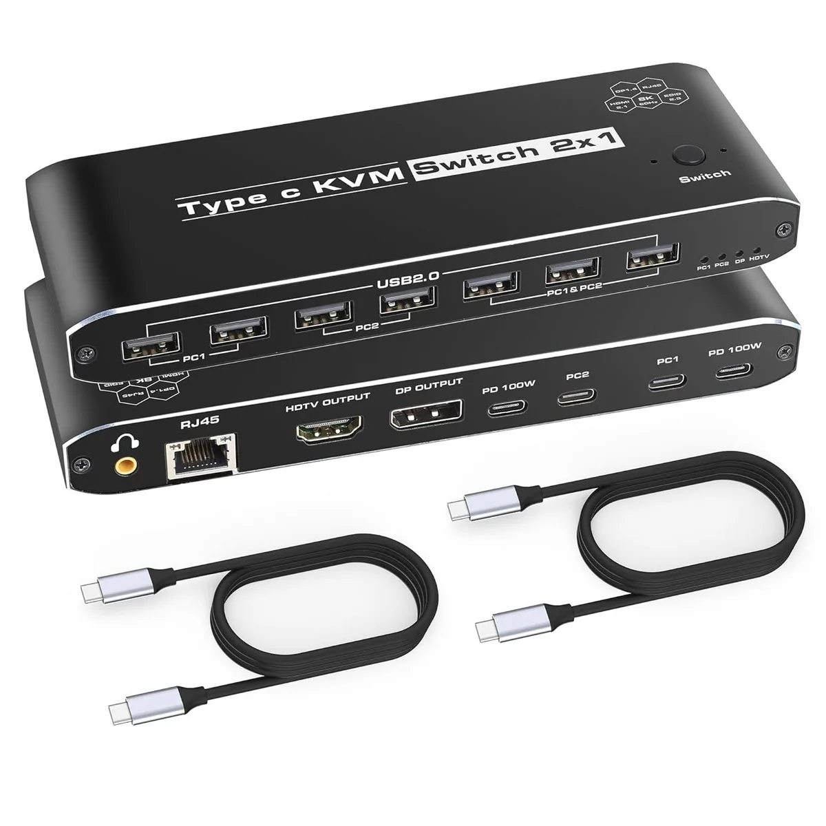 AUTYUE AUTYUE 2-Port USB-C KVM Switch 4K@60Hz 7 USB-A 2 TB 100W PD RJ45 3.5mm — product photo