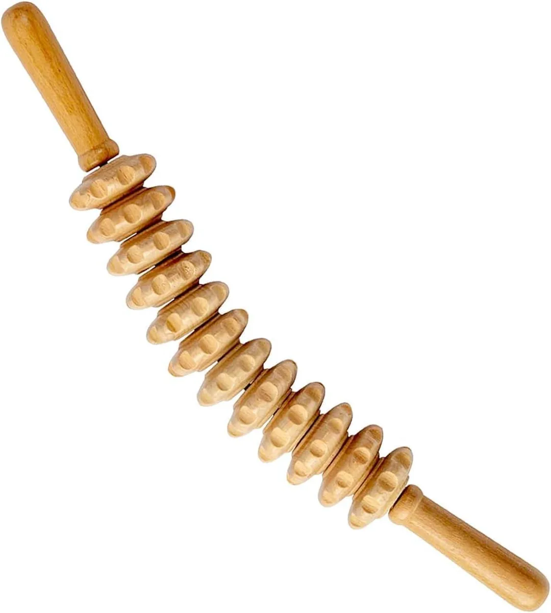 Wooden massage roller stick with twelve wheels, natural finish
