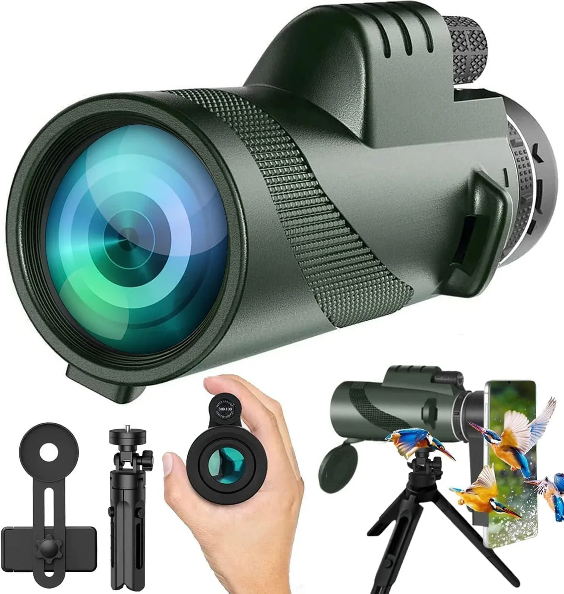 Black monocular, straight tube with rubber armour, 6.61 by 2.75 by 3.92 inches