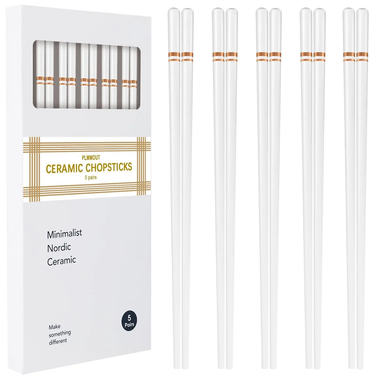Five pairs of white ceramic chopsticks with gold lines in a box, 9.75 inches long
