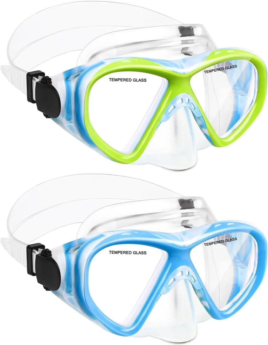 Two blue swimming masks with tempered glass lenses and silicone skirts