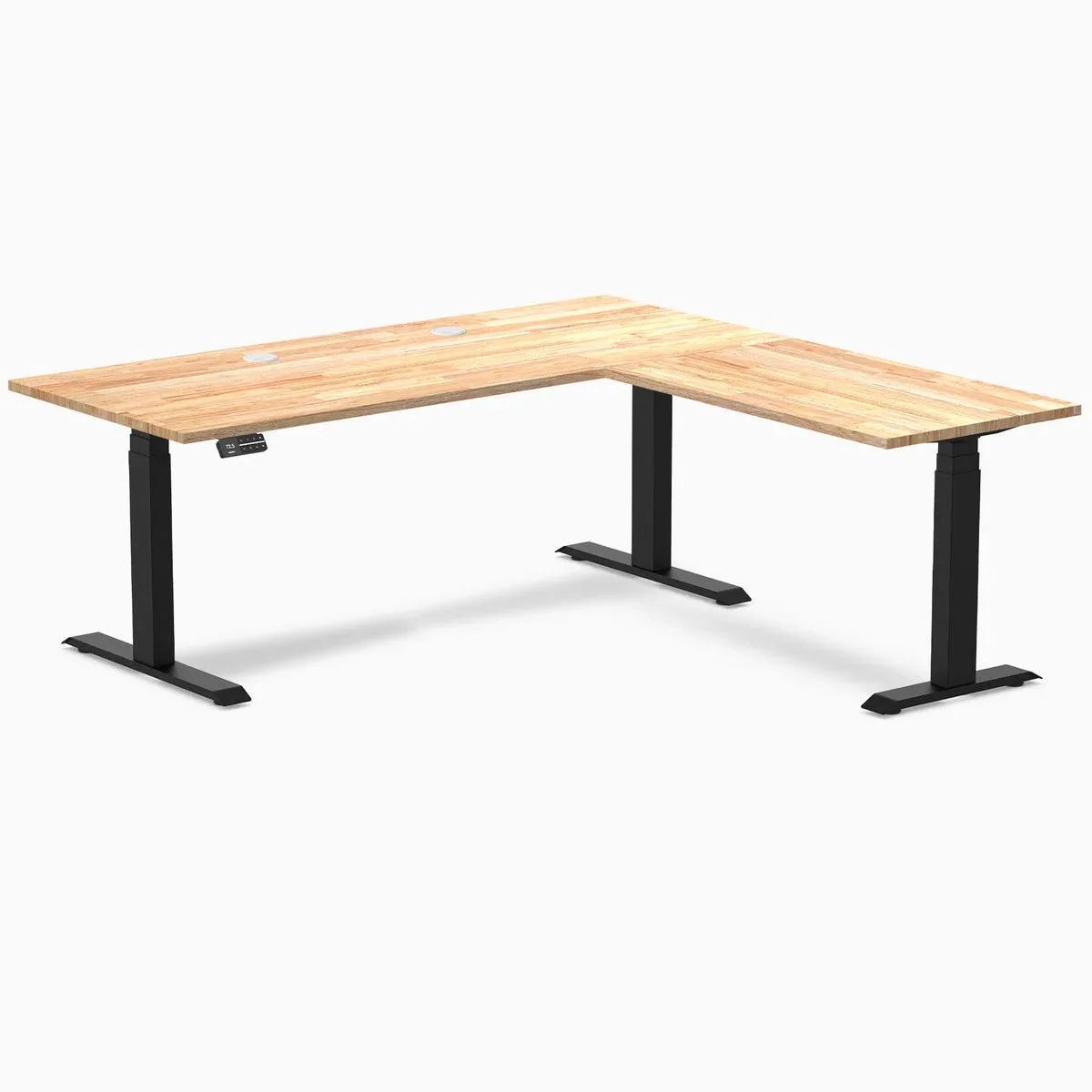 Desky Desky Rubberwood L-Shape Sit Stand Desk Natural Timber Matte Black 72 x 30 x 70 x 24 in with Grommets — product photo