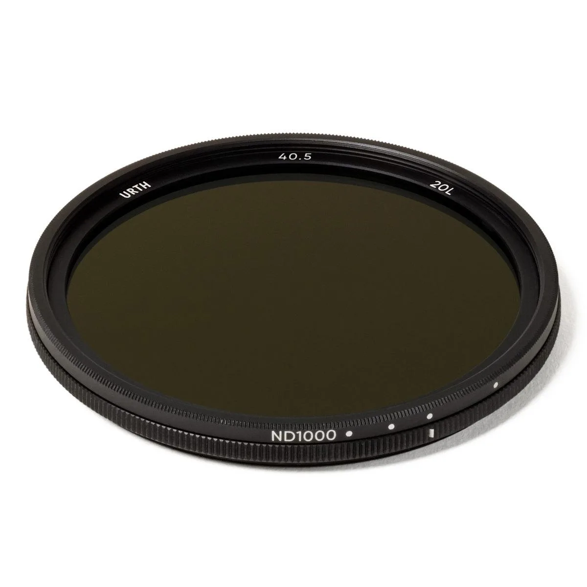 Thin circular 40.5mm camera filter with dark glass and silver rim