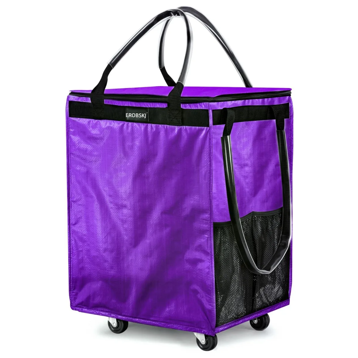 Beige foldable rolling tote on four wheels, zippered top, polypropylene fabric, medium size