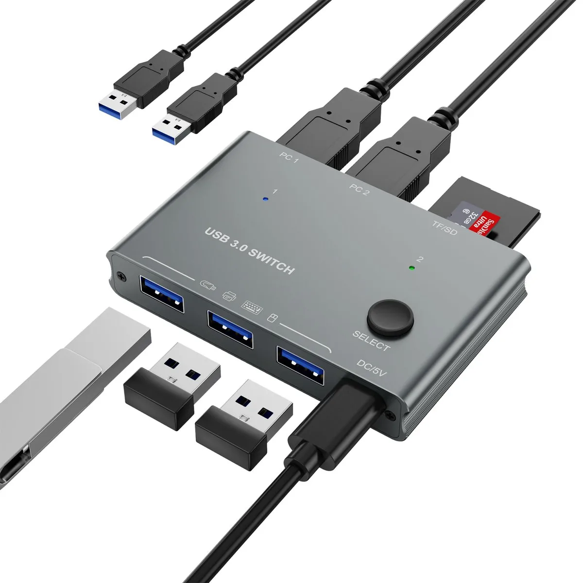 Vszerda Vszerda USB 3.0 Switch 2 Computers 3 Devices TF Card Reader — product photo