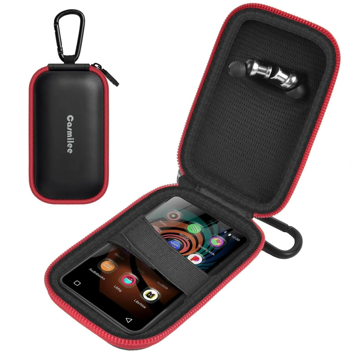 Black and red protective case for 4-inch MP3 MP4 players with carabiner clip