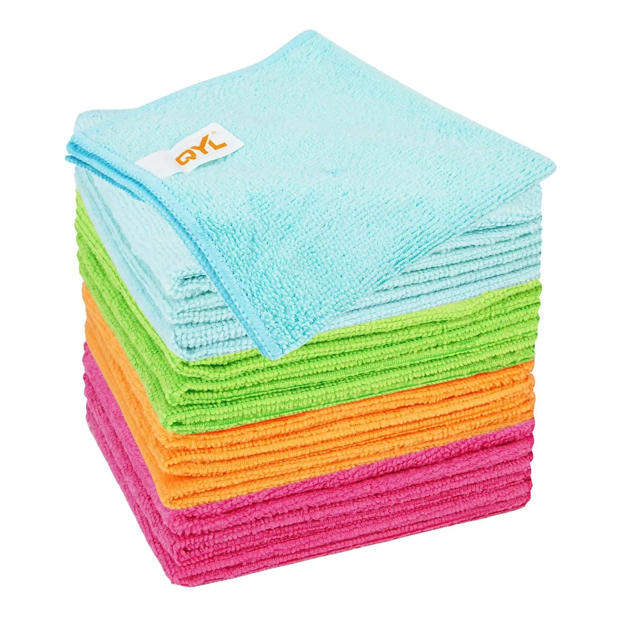 Twelve square microfibre cloths in four colours, folded flat