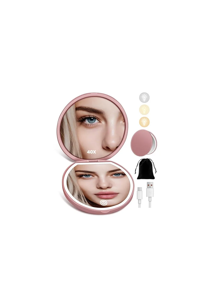  SisKokoro 40X Lighted Compact Mirror Rose 3.15" USB-C 34 LED 3 Mode — product photo