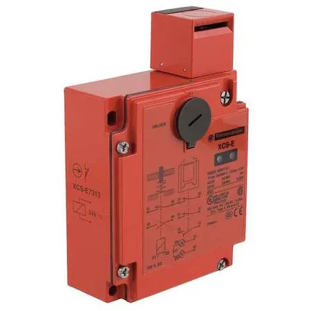 Metal safety interlock switch, rectangular zamak housing, conduit entry visible