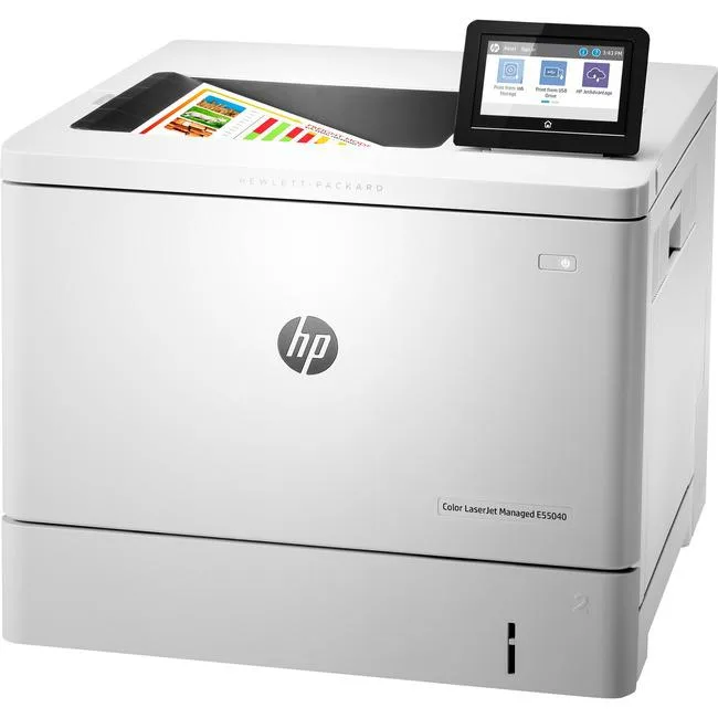 HP LaserJet Managed E55040dn desktop colour laser printer in white and grey